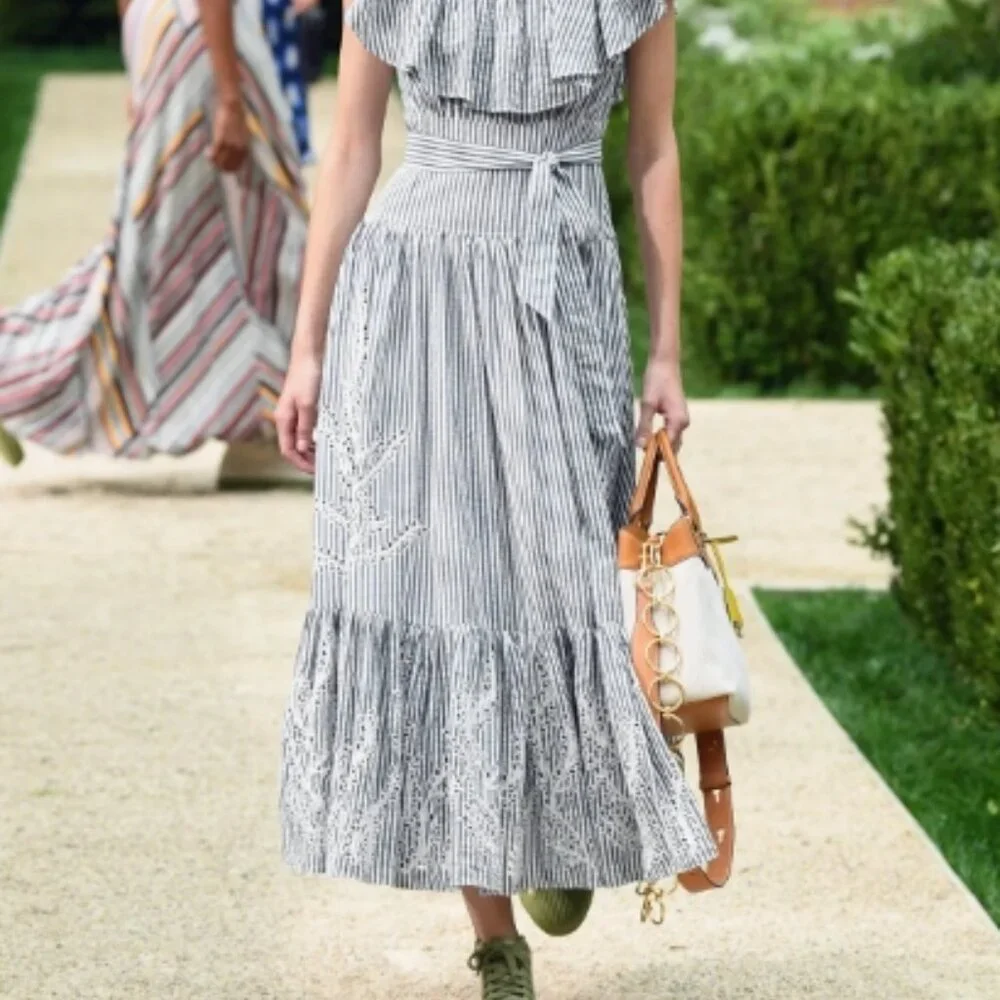 NWOT Tory Burch Summer 2019 Runway Stripe Eyelet Embroidered Maxi Dress S $548